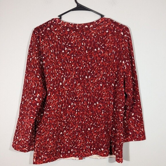 Garnet Hill Womens Red Animal Print Merino Wool Cardigan Sz‎ L Mature Mob Wife - Picture 2 of 6